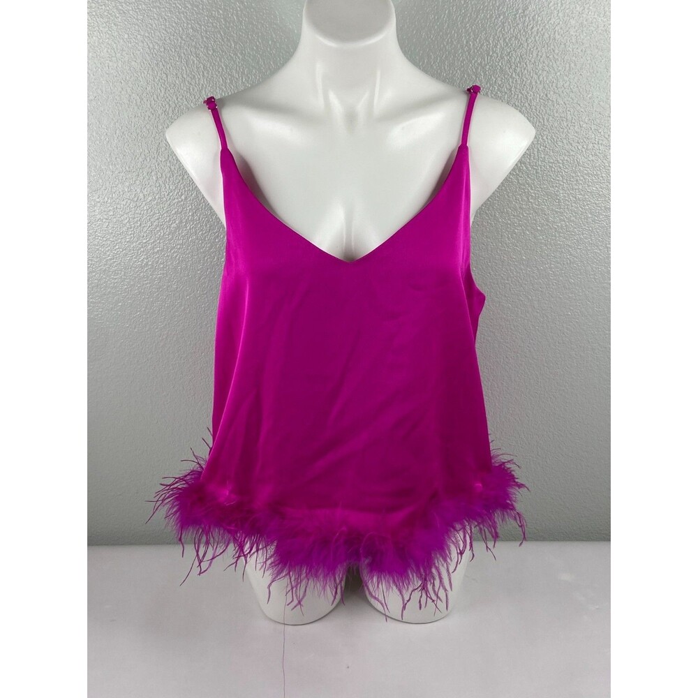 eesome Women Large Bright Pink Camisole Top Feather Trim Sexy NWT